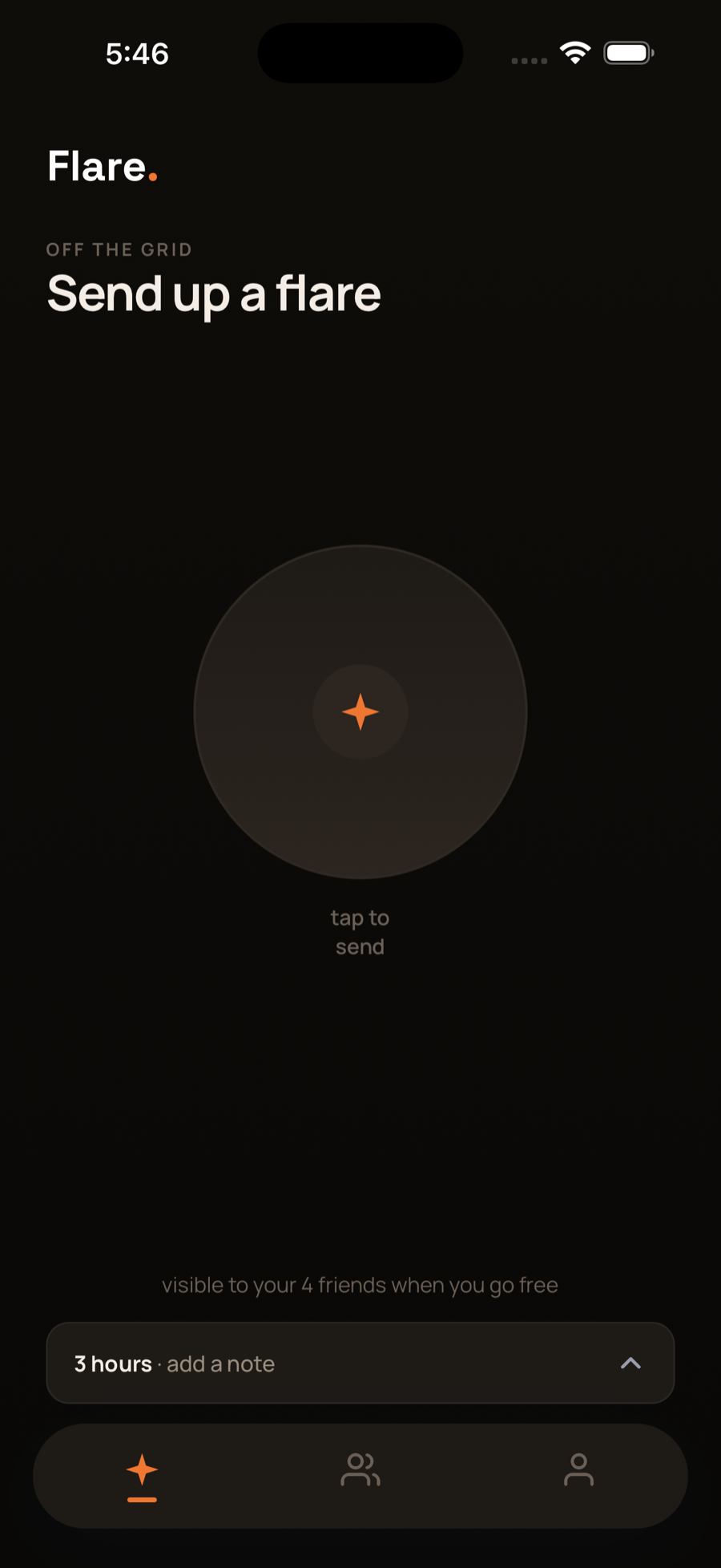 Flare app: the 'Send up a flare' screen, with one big button to tap when you're free.