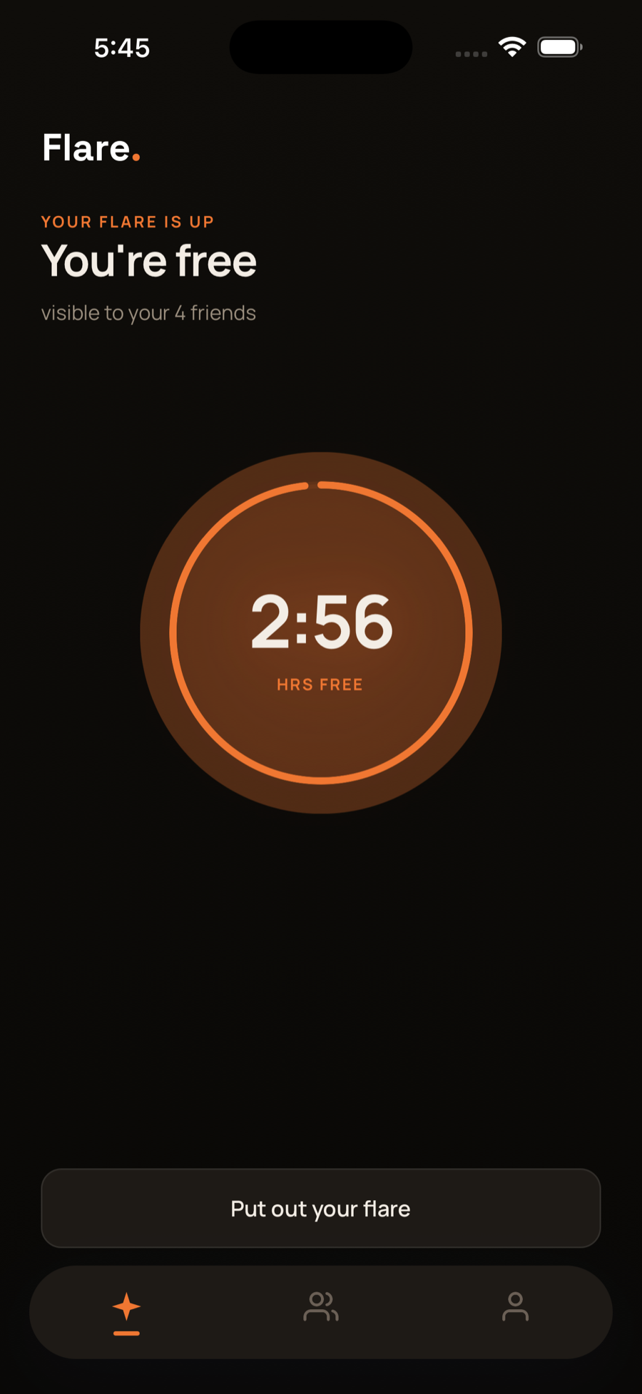 Flare app: an active flare counting down the hours you're free.