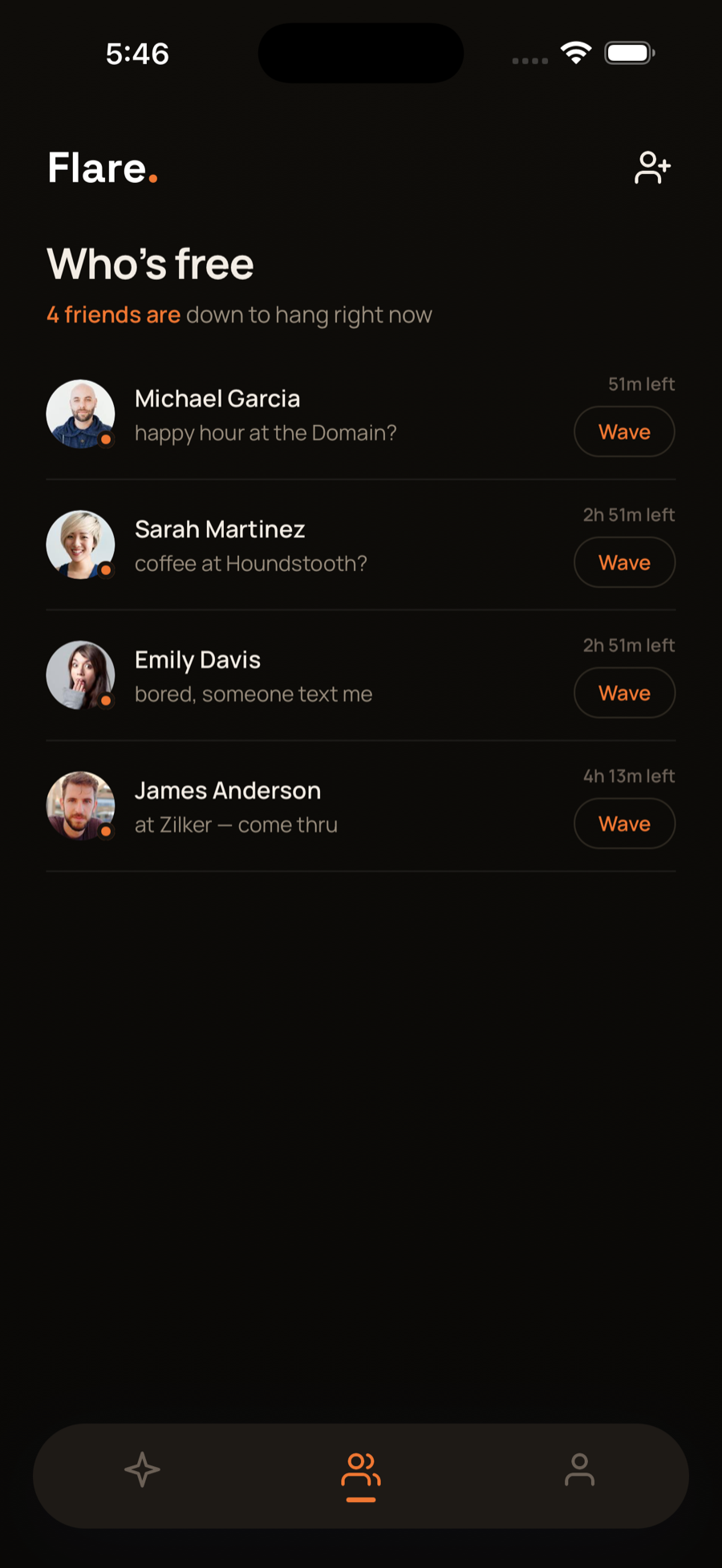 Flare app: the 'Who's free' screen, a live list of friends who are down to hang right now.